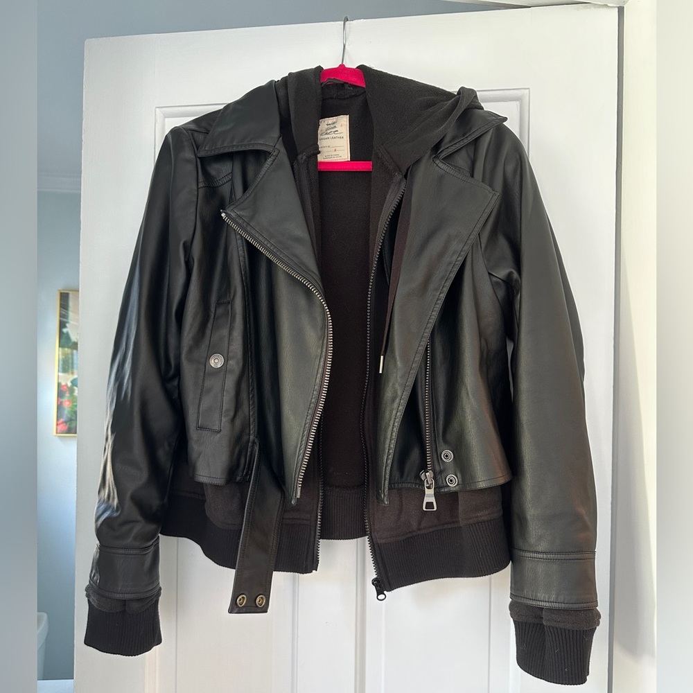 Free People We the Free Black Vegan Leather Jacket Layered with Hoodie Size S